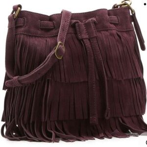 Lucky Brand Burgundy Fringed Suede Bucket Bag With Adjustable Strap